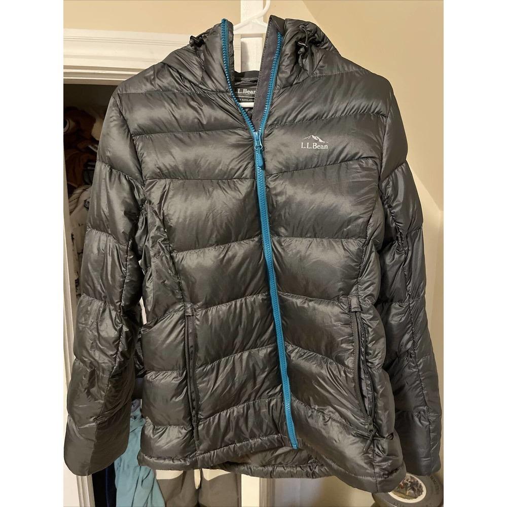 LL BEAN Womens Downtek Goose Down Puffer Hooded Jacket Sz Small Dark Grey